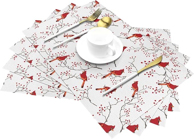 Cardinal Bird Red Berry Decor Placemats Set of 4 Linen 12x18 Inch, Decorative Table Mats for Kitchen Dining Table Heat Resistant Washable Place Mats Home Holiday Decor