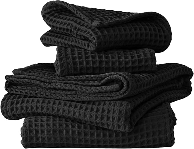 4-Piece Waffle Towels Set for Bathroom - Soft 100% Turkish Cotton Quick-Dry Lint-Free Waffle Weave Thin Bath and Hand Towels (Black, 2 Bath & 2 Hand Towel Set)
