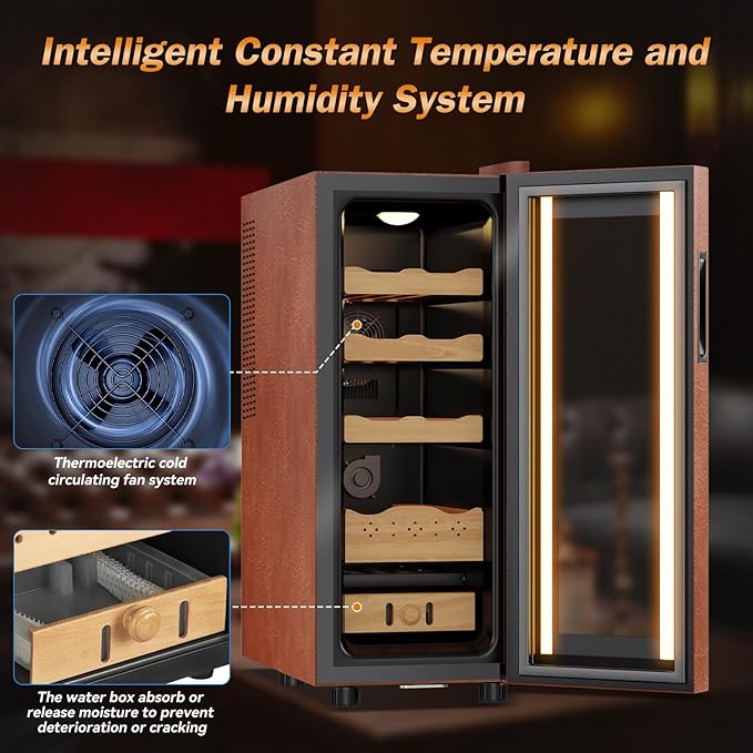 Electric Humidor with Leather-35L Cooling & Heating Humidor, Smart Touch Control Humidity & Temp, Humidors wtih Spanish Cedar Wood Tray, Digital Display, Safety Lock, Desktop Gift for Men