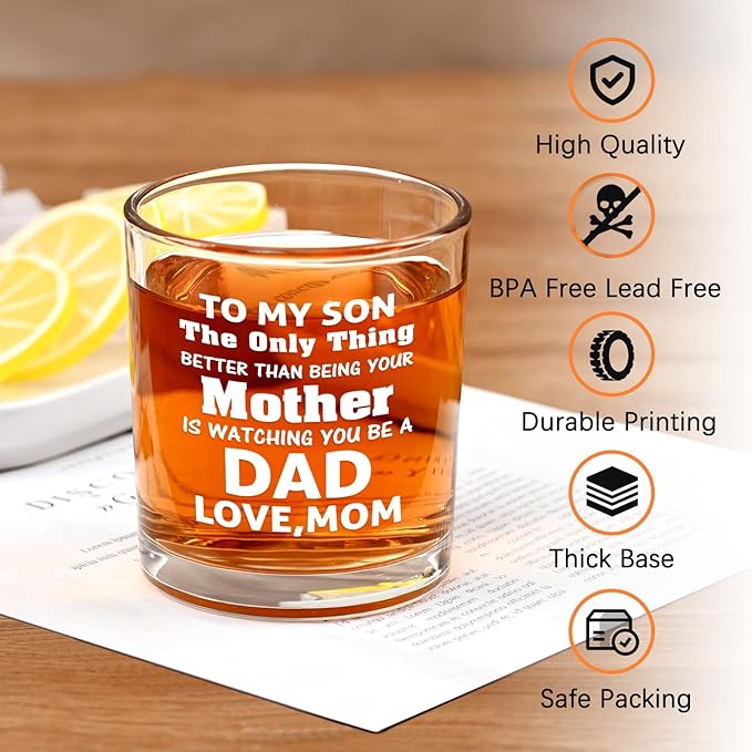 Futtumy Son Gifts from Mom, To My Son Watching You Be a Dad Whiskey Glass, Birthday Christmas Fathers Day Dad to Be Gifts, 10 OZ Old Fashioned Glass