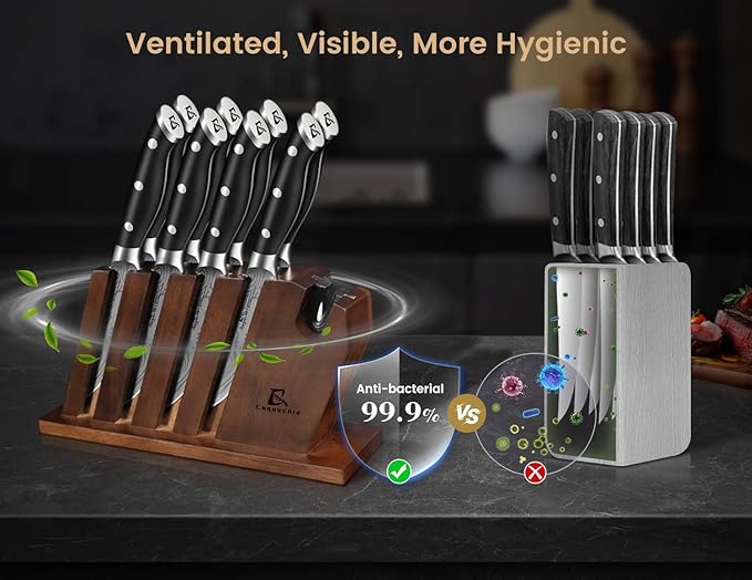 Steak Knives Set of 8 with Block Built-in Sharpener, 4.8 Inch Non Serrated Razor-Sharp Durable Dinner Knives, German Stainless Steel Damascus Pattern Full Tang Forged, Easy to Maintain