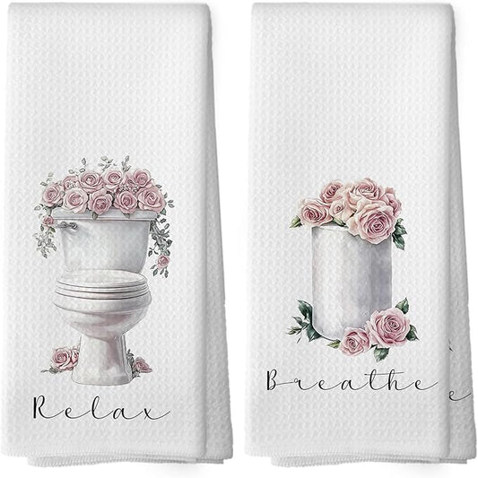 Rose Floral Bathroom Hand Towels, Cottagecore Floral Hand Towel for Bathroom Decor, Relax Breathe Farmhouse Flower Botanical Decorative Towels for Washroom Toilet 16x24 Inch Set of 2
