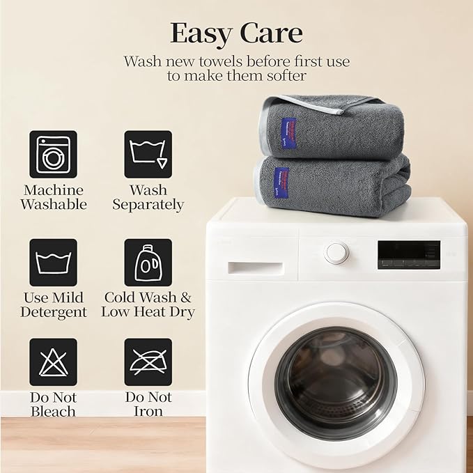 REDKISS 6 Pack Cotton Towel Set with Luxury Embellished Border, 600 GSM Ultra Soft & Highly Absorbent Bath Towels Set with 2 Bath, 2 Hand, 2 Washcloths for Bathroom, Gym, Spa, Hotel, Light Grey