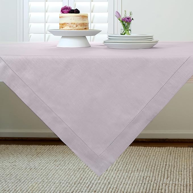 Solino Home Lilac Linen Tablecloth 52 x 52 Inch - 100% Pure Linen Square Table Throw - Classic Hemstitch, Machine Washable Table Cloth for Valentines, New Year
