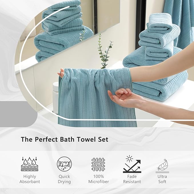 18 Piece Bath Towels Set,Soft Family Bathroom Towel Set with Hanging Loops-6 Bath Towels,6 Hand Towels,6 Washcloths,Highly Absorbent Quick Dry Shower Towel for Bathroom,Hotel,Spa-Turquoise Towel Set