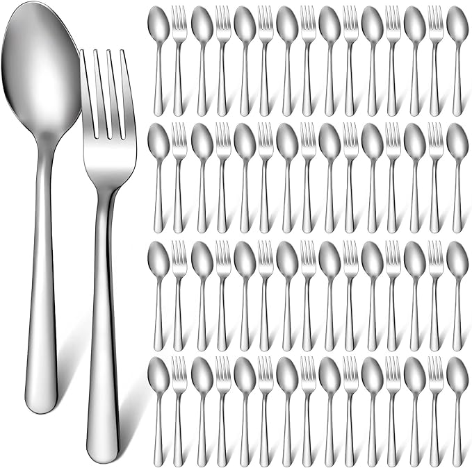 BBTO 100 Pcs Forks and Spoons Silverware Set Bulk Stainless Steel Flatware Cutlery Set 6.7'' Kitchen Utensils for Home Restaurant 50 Dinner Fork, 50 Teaspoon, Mirror Polished, Dishwasher Safe