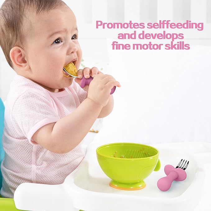 2 Pieces Toddler Utensils Forks and spoons set, Stainless Steel Childrens Silverware for Safe flatware Metal Kids Cutlery set with Round Handle, BPA Free, Anti-Choke Design (Pink)