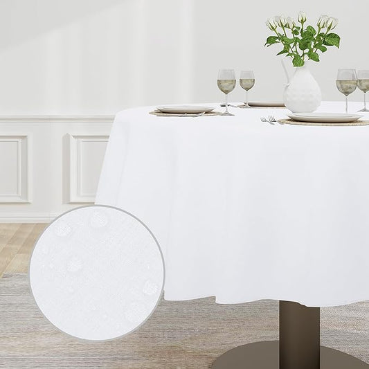 Easy-Going Faux Linen Waterproof Spill-Proof Tablecloth Stain Resistant Round Table Cloth Wrinkle Free Decorative Fabric for Kitchen, Dining, Party, Weddings, Restaurants (70 in-Round, White)