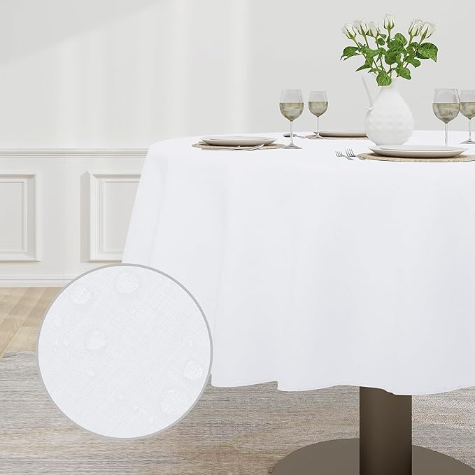 Easy-Going Faux Linen Waterproof Spill-Proof Tablecloth Stain Resistant Round Table Cloth Wrinkle Free Decorative Fabric for Kitchen, Dining, Party, Weddings, Restaurants (60 in-Round, White)