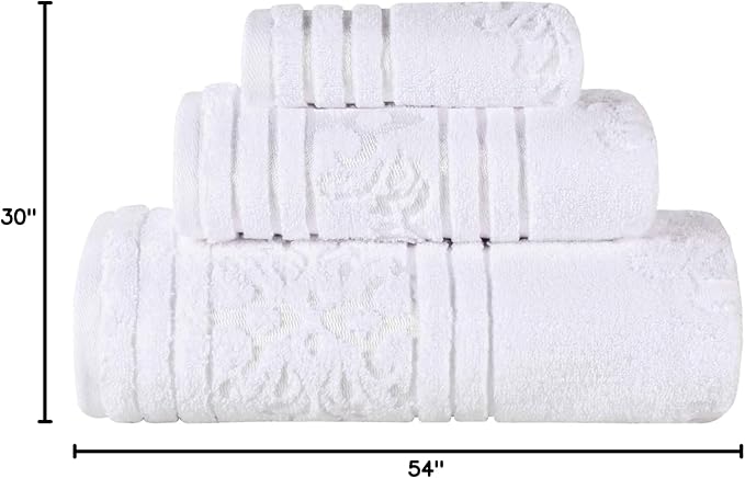 Superior Cotton 3 Piece Towel Set, Includes 1 Bath, 1 Hand, 1 Washcloth/Face Towel, Quick Dry, Home Essentials, Shower, Spa, Luxury Plush Soft Absorbent Towels, Zero Twist, Jacquard Floral, White