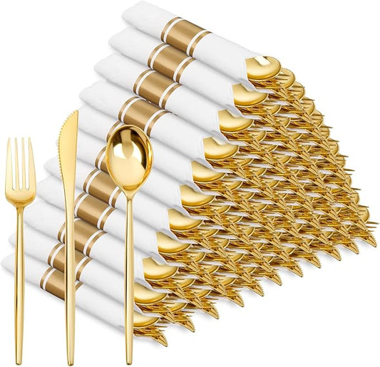 SUT 100 Pack Pre Rolled Silverware Set Disposable, 400pcs Gold Plastic Utensils Include 100 Forks, 100 Knives, 100 Spoons and 100 Napkins, Wrapped Plastic Cutlery Set With Napkin for Wedding