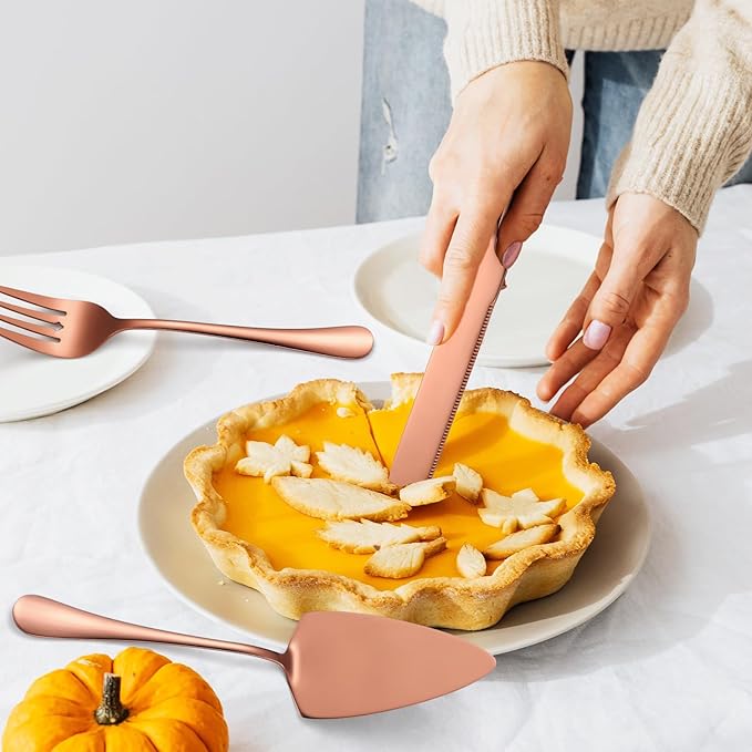 Copper Utensils Serving Set Rose Gold Stainless Steel Flatware Cake Knife Sever Fork Large Spoon Spatula Catering Silverware Complete 7 Pieces for Home Party Buffet