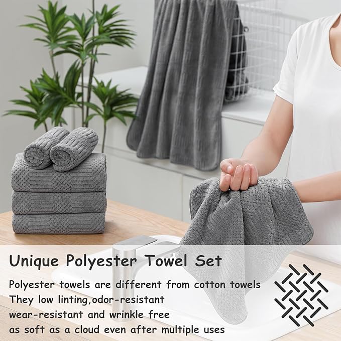 18 Pcs Gray Woven Family Towels Set-6 Bath Sheets,6 Hand Towels,6 Washcloths Soft Microfiber Towels Absorbent Shower Towel Quick Dry Beach Chair Towel Lint Less Towels Set for Bathroom Spa Gym Hotel
