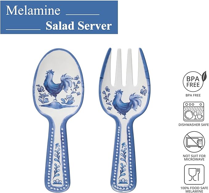 UPware Blue Rooster Melamine Salad Servers, Serving Utensil Set, Includes Serving Fork and Spoon for Tossing Salad, Pasta, Blue, 10.75 Inch, Set of 2