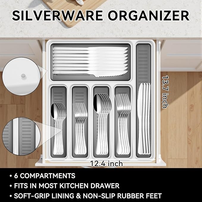 49-Piece Stainless Steel Silverware Set with Cutlery Organizer, Service for 8 with Steak Knives and Kitchen Utensils (49PCS Silverware with Tray)