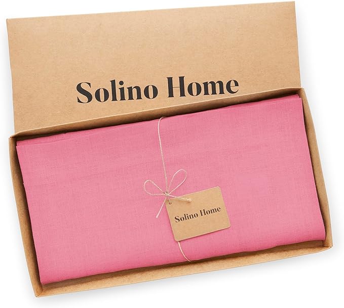 Solino Home Linen Tablecloth 52 x 52 Inch - 100% Pure Linen Pink Carnation Square Tablecloth - Fete, Machine Washable Table Throw for Valentines