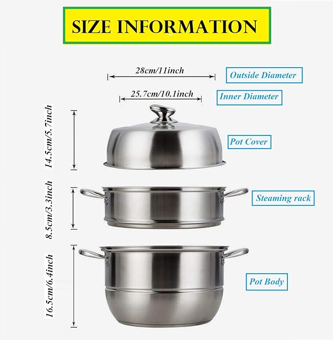 Stainless Steel Steamer Pot Thick-bottomed, 3 Tier Food Steamer for Cooking, Large Metal Steam Cooker, Work for Induction and Stove, Suitable for Tamale, Vegetable, Dumpling and Seafood