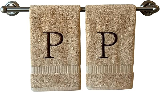 Beige Initial Hand Towel for Bathroom - Monogrammed Luxury Hotel Quality Decorative Embroidered Towel for Powder Room, Spa - GOTS Organic Certified - Set of 2 Brown Letter P