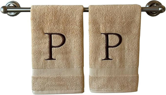 Beige Initial Hand Towel for Bathroom - Monogrammed Luxury Hotel Quality Decorative Embroidered Towel for Powder Room, Spa - GOTS Organic Certified - Set of 2 Brown Letter P