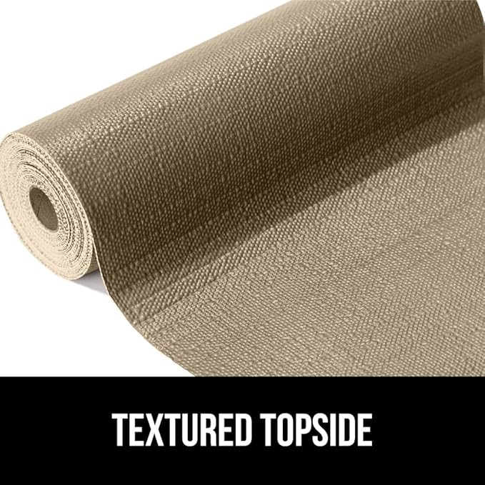 GORILLA GRIP DripGuard Shelf Liner, Non Adhesive Drawer and Kitchen Cabinet Protector, 24x240 Inch, Slip Resistant BPA Free Smooth Surface Plastic Liners for Cabinets, Bathrooms, Closets, Beige