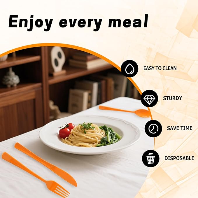 150 Pack Disposable Plastic Silverware, Heavy Duty Orange Plastic Cutlery Set Includes 50 Forks 50 Knives 50 Spoons for Birthday Wedding Party Picnics (150, Orange)