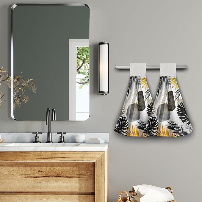 Giwawa Black and Gold Leaves Hanging Kitchen Towels 2 Pcs Tropical Palm Leaf Hand Towels Soft Tea Bar Dish Cloths Dry Towel for Bathroom Laundry