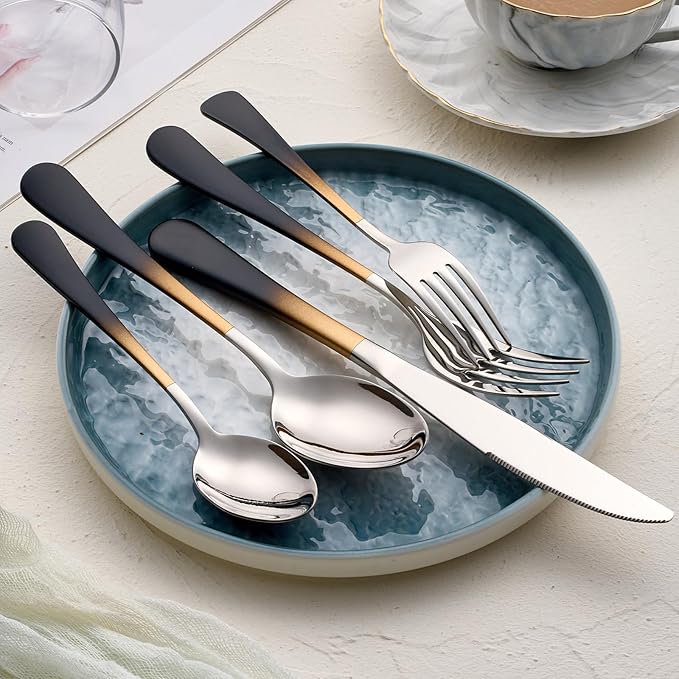 20-Pieces Black gold Silverware Sets for 4,Black gold Handle Stainless Steel Cutlery Set, Include Forks Spoons and Knives Set, Dishwasher Safe Utensil Sets for Home Restaurant