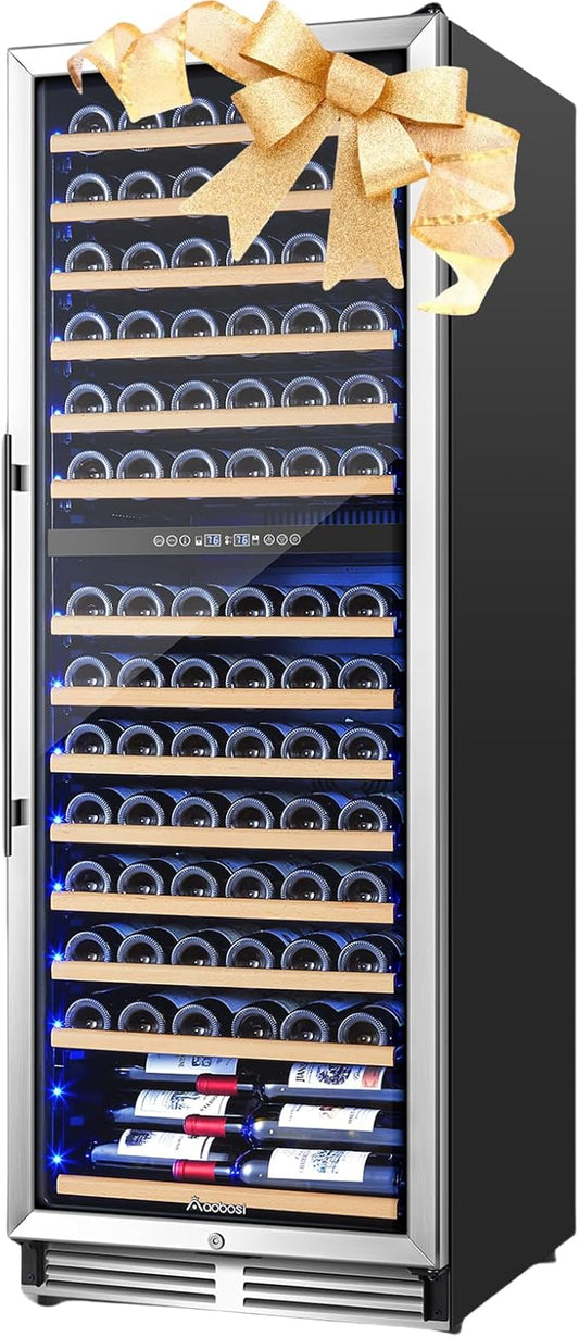 AAOBOSI 24 Inch 154 Bottles Wine Cooler，40-65°F Dual Zone Cooler, 14 Adjustable Shelves，Visualized Temperature Regulation,Uniform Cold Air Circulation