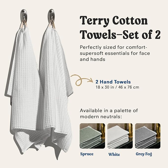 ONSEN Terry Cotton Waffle Hand Towel Set – 2 Pack Luxury Cotton Hand Towels, Quick Dry & Absorbent Bathroom Towels – Soft, Lightweight, Durable Towels for Bathroom Essentials (White, 20x30 in)