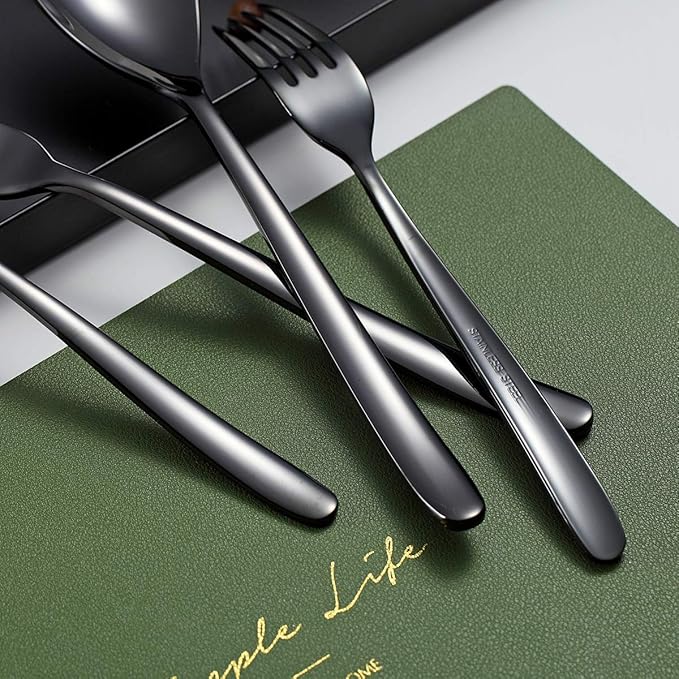 Stainless Steel Black Flatware Set - 20 Piece Service for 4, Titanium Plated Cutlery with Shiny Black Finish