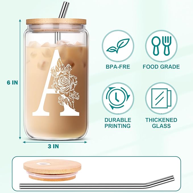 Gifts for Women, Birthday Christmas Mothers Day Thank You Gifts, Personalized Monogrammed Gifts for Sister Mom Friend Wife Gift Ideas 2024 A Coffee Iced Cute Glass Cups with Lids and Straws