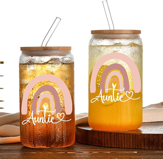 Auntie Glass Cups with Lids and Straws, 16 Oz Glasses Set, Perfect for Mothers Day, Birthday, Christmas Gifts for Mom