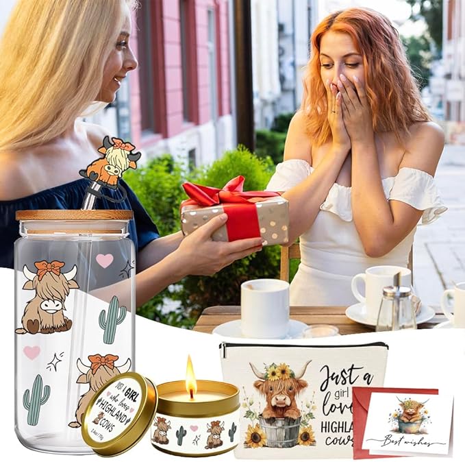 5PCS Highland Cow Cup Gifts for Women, Cute Cows Themed Stuff 16 oz Glass Cups with Lids and Straws, Highland Cow Christmas Birthday Gifts for Coffee Lovers, Women, Cowgirls, Girls, Mom-3