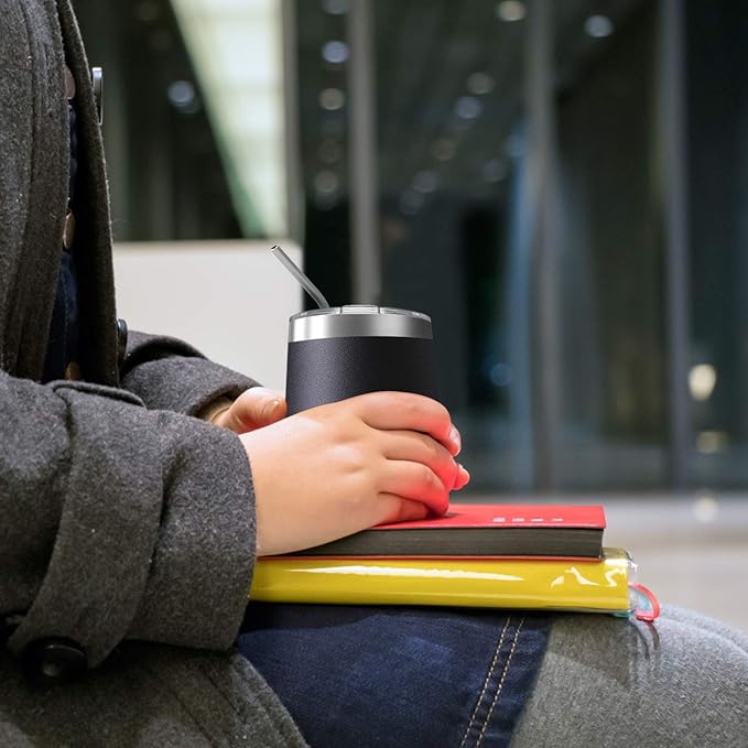 8 Pack 12 oz Stainless Steel Wine Tumbler with Lids, Double Wall Vacuum Insulated Travel Cup Including 8 Straws Set for Coffee, Cocktail, Drink, Tea and Beer (White)