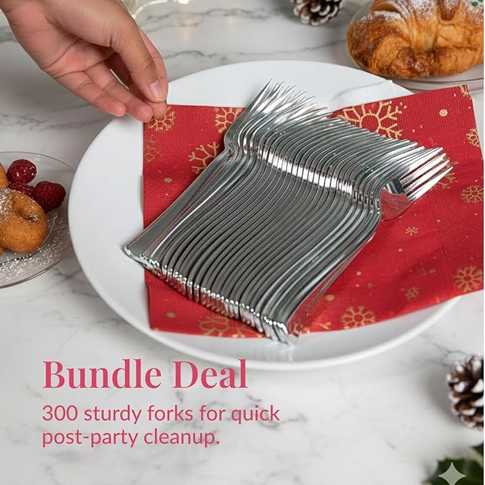 Prestee 300 Count Plastic Forks - 7 Inch Heavy Duty Disposable Silverware - Bulk Fancy Silver Fork Set for Table Decor - Durable Plastic Silverware for Parties, Events and Christmas Holidays