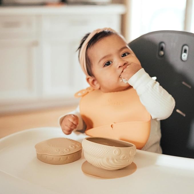 Miniware Sensory Starter Set with Sensory Baby Bowl, Baby Spoon, Roll & Lock Bib - Easy to Clean Baby Feeding Set to Promote Self-Feeding- Toddler Feeding Essentials - Almond Butter