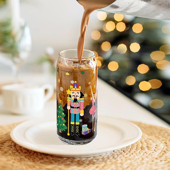 Joeyan Christmas Glass Cups with Lids and Straws,Xmas Nutcracker Tumbler Iced Coffee Glass with Keychain and Socks,Decorative 20oz Drinking Glasses with Tree Soldiers Patterns,Gift for Women Family