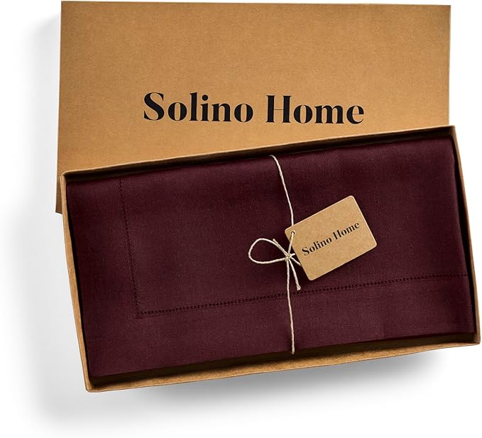 Solino Home Linen Square Tablecloth 52 x 52 Inch - 100% Pure Linen Burgundy Table Throw - Classic Hemstitch, Machine Washable Table Cloth for Holiday, Winter, Valentines