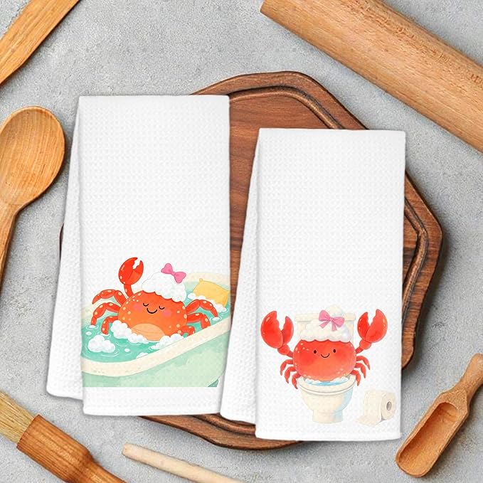 Crab Bathroom Hand Towels Set of 2, Kids Bathroom Decor, Coastal Beach Coquette Bow Crab Decorative Funny Hand Towels for Kids Bath Room Washroom Toilet, 16x24 Inch