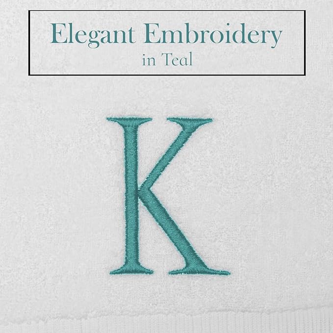 White Monogrammed Hand Towels for Bathroom - Luxury Hotel Quality Personalized Initial Decorative Embroidered Towel for Powder Room, Spa - GOTS Organic Certified - Set of 2 Teal Letter K