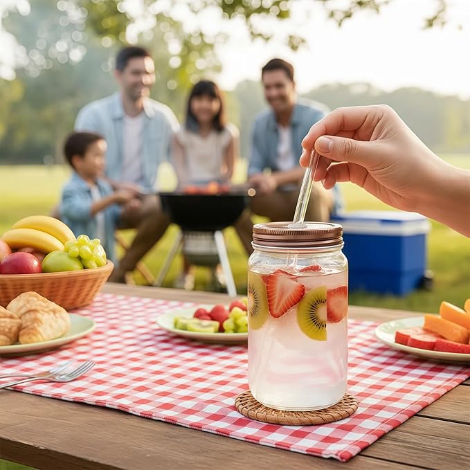 16oz Glass Cups with Lids and Straws - 2Pcs Reusable Juice Bottles,Drinking Glasses Set for Coffee Bar Accessories,Matcha Cup Glass Tumbler Reusable for Gifts