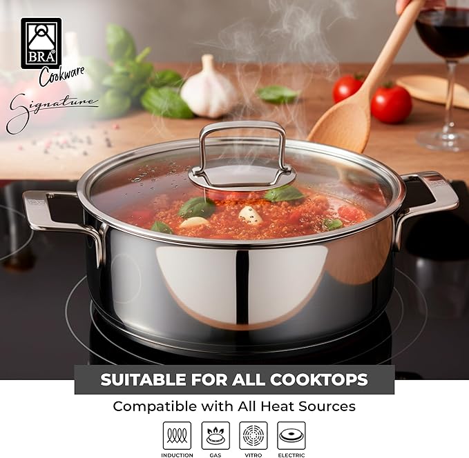BRA COOKWARE Signature Stainless Steel Stock Pot w/Glass Lid | 8 Inch 2.4 Quart Professional Grade Cooking Pot | PFOA Free Deep Pot | All Cooktops | All Cooktops (incl. Induction) & Oven Safe