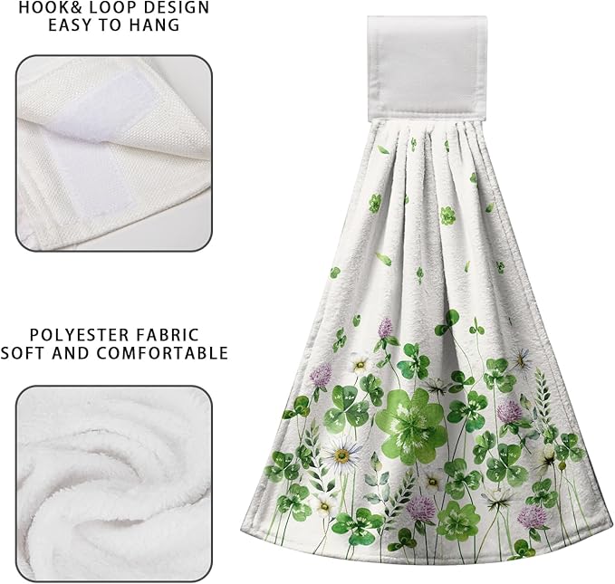 St Patricks Day Hanging Kitchen Towel Green Shamrocks Floral Hand Tie Towels Clover Saint Patrick's Day Hanging Dish Towels with Loop 12 x 17 inch Soft Spring Lucky Decor for Bathroom