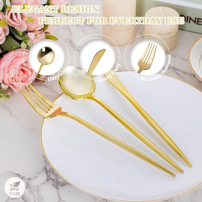 150PCS Gold Plastic Silverware,Heavy Duty Disposable Utensils Include 50 Forks,50 Spoons and 50 Knives,Gold Cutlery Plastic Silverware Sets for Party, Birthday,Wedding
