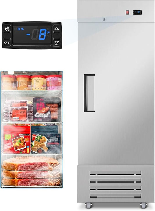Commercial Freezer, 27"W Upright Freezer Stainless Steel, 20 Cu Ft Commercial Standup Freezer with 4 Adjustable Shelves, Self-Closing Reach-in Cooling Single Solid Door Freezer for Kitchen, Restaurant