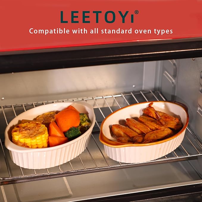 LEETOYI Porcelain Small Oval Au Gratin Pans, Baking Dish Set for 1 or 2 person servings, Bakeware with Double Handle for Kitchen and Home, Set of 2 (White/Brown)
