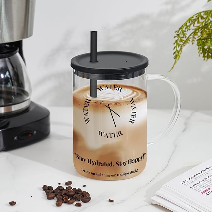 NiHome 33oz Glass Handle Cup with Silicone Lid and Straw for Daily Hydration, Large Capacity for Hot Tea, Iced Coffee, Smoothies, Ergonomic Design with Modern Minimalist Clock Pattern, Dishwasher Safe