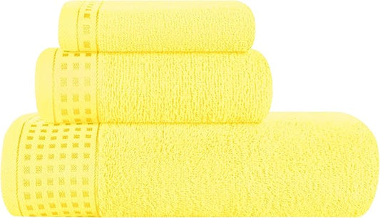 GLAMBURG Ultra Soft 3 Pack Cotton Towel Set, Contains a Bath Towel 28x55 inch, a Hand Towel 16x24 inch & a Wash Coth 12x12 inch, Ideal Everyday use, Compact & Lightweight - Lime Yellow