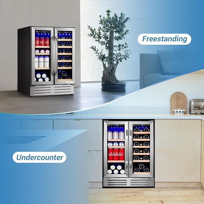 24 Inch Beverage Refrigerator Undercounter, Dual Zone Wine and Beverage Cooler, Large Capacity for Beer Wine Drink with Built-In Warm Light, Ideal for Home Kitchen Bar Office