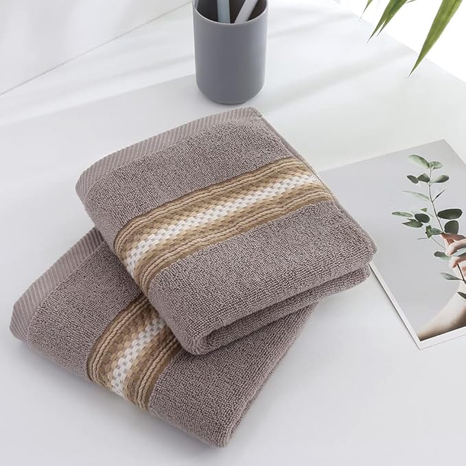 YiLUOMO Hand Towels Textured Striped Pattern 100% Cotton Soft Highly Absorbent Hand Towel for Bathroom 13 x 29 Inch (Brown, 2-Pack)